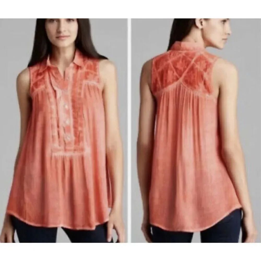 Free people acid wash lace collared blouse xs